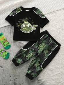 TEENAGE MUTANT NINJA TURTLES | SHEIN Baby Boy Cartoon Print Round Neck Short Sleeve T-Shirt And Pants Casual Daily Outfit