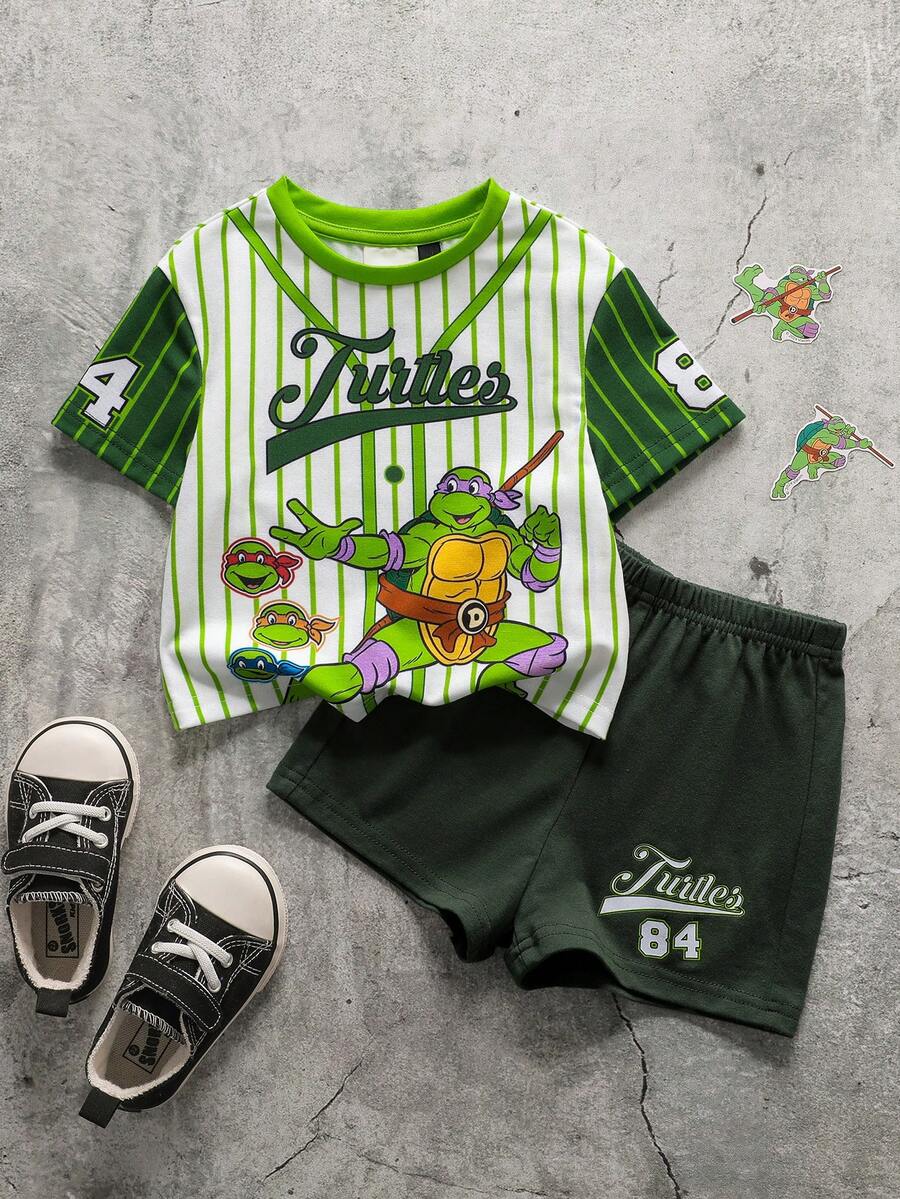 TEENAGE MUTANT NINJA TURTLES | SHEIN Baby Boy Summer Casual Colorblock Striped Cartoon Print T-Shirt And Shorts Set