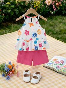 Souflis Souflis 2pcs Baby Girl Toddler/Newborn 0-3Y Dopamine Inspired Colorful Vacation Sleeveless Top + Shorts Set, Spring/Summer Outfit