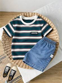 SHEIN Playful Pals 3-Year-Old Baby Boy Blue White Stripe Summer Casual Page Boy Outfit,Includes Cartoon T-Shirt And Light Blue Denim Shorts,Cute Children's Everyday Wear