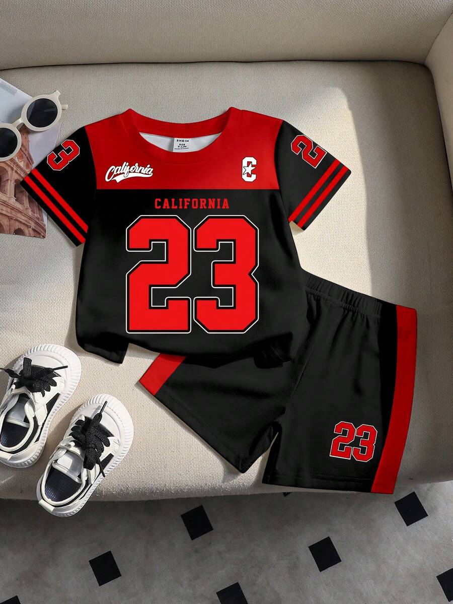 SHEIN Playful Pals 1 Set Baby Boys' Casual Fashion Sports Style Numeric 23 & California Letter Print Contrast Stripe Round Neck Short Sleeve T-Shirt And Shorts Set, Suitable For Outings And Sports