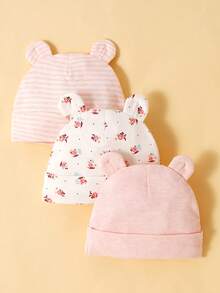 momscare 3pcs Cute Pink Rose Pattern Hats, Soft & Comfortable Bear Ear Caps, Suitable For Newborns And Infants - Adorable Baby Hats, Also Make Great Fontanel Gifts For Baby Girls