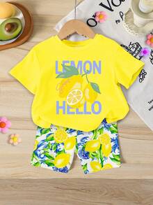 SHEIN 1 Set Baby Girls' Sweet Cute Lemon Fruit & Letter Print Vacation Style Short Sleeve Round Neck T-Shirt And Shorts Set, Suitable For Spring To Summer