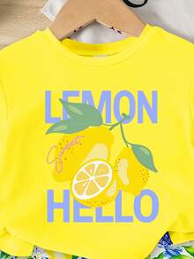 SHEIN 1 Set Baby Girls' Sweet Cute Lemon Fruit & Letter Print Vacation Style Short Sleeve Round Neck T-Shirt And Shorts Set, Suitable For Spring To Summer
