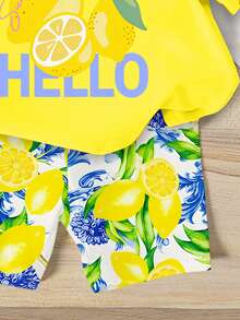 SHEIN 1 Set Baby Girls' Sweet Cute Lemon Fruit & Letter Print Vacation Style Short Sleeve Round Neck T-Shirt And Shorts Set, Suitable For Spring To Summer
