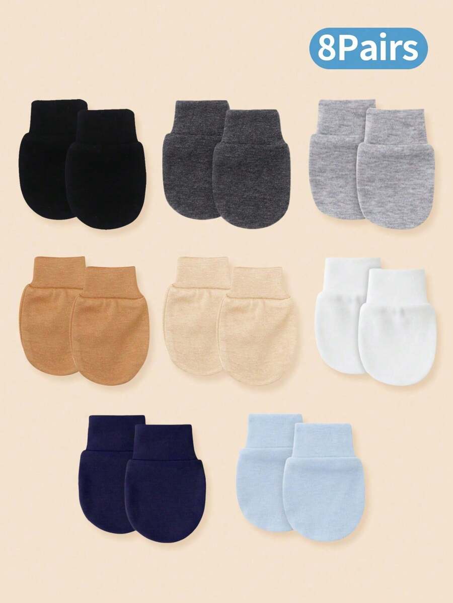 8 Pairs Newborn Solid Color Anti-Scratch Mittens, Suitable For Baby Boys And Girls Daily Wear, Full Finger Gloves, 0-6 Months, Perfect Newborn Gift