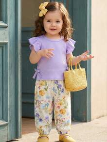 SHEIN Vintaside Kids 2pcs Baby Girls' Striped Round Neck Ruffle Sleeve T-Shirt & Floral Print Pants Set