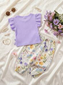 SHEIN Vintaside Kids 2pcs Baby Girls' Striped Round Neck Ruffle Sleeve T-Shirt & Floral Print Pants Set