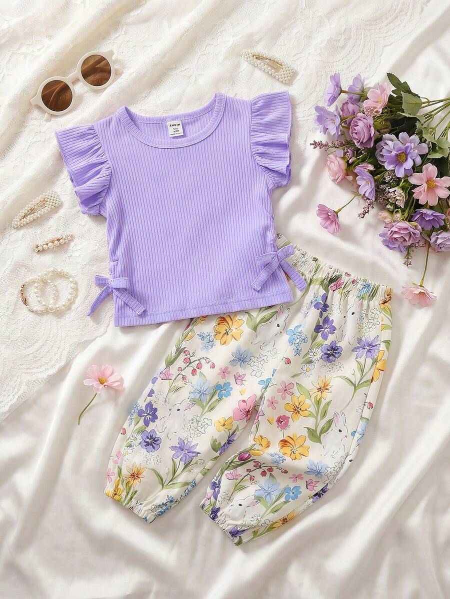 SHEIN Vintaside Kids 2pcs Baby Girls' Striped Round Neck Ruffle Sleeve T-Shirt & Floral Print Pants Set