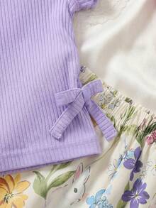 SHEIN Vintaside Kids 2pcs Baby Girls' Striped Round Neck Ruffle Sleeve T-Shirt & Floral Print Pants Set