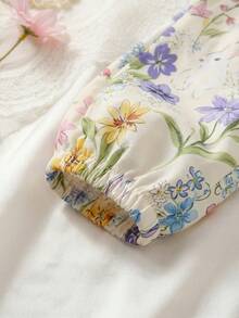 SHEIN Vintaside Kids 2pcs Baby Girls' Striped Round Neck Ruffle Sleeve T-Shirt & Floral Print Pants Set