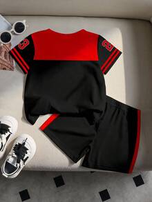 SHEIN Playful Pals 1 Set Baby Boys' Casual Fashion Sports Style Numeric 23 & California Letter Print Contrast Stripe Round Neck Short Sleeve T-Shirt And Shorts Set, Suitable For Outings And Sports
