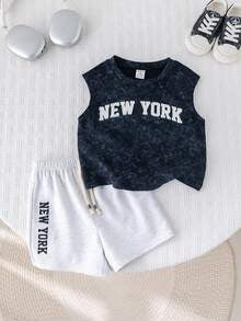 SHEIN 2pcs Baby Boy Summer Casual Korean Style Wide Shoulder Vest Top And Shorts Set, Summer Outfit For Toddler Boys