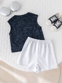 SHEIN 2pcs Baby Boy Summer Casual Korean Style Wide Shoulder Vest Top And Shorts Set, Summer Outfit For Toddler Boys
