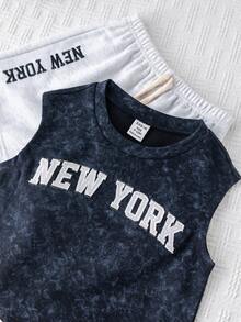 SHEIN 2pcs Baby Boy Summer Casual Korean Style Wide Shoulder Vest Top And Shorts Set, Summer Outfit For Toddler Boys