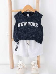 SHEIN 2pcs Baby Boy Summer Casual Korean Style Wide Shoulder Vest Top And Shorts Set, Summer Outfit For Toddler Boys