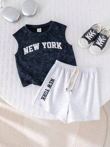 SHEIN 2pcs Baby Boy Summer Casual Korean Style Wide Shoulder Vest Top And Shorts Set, Summer Outfit For Toddler Boys