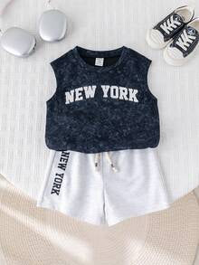 SHEIN 2pcs Baby Boy Summer Casual Korean Style Wide Shoulder Vest Top And Shorts Set, Summer Outfit For Toddler Boys