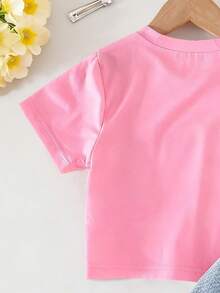 Baby Girl Cartoon Print Short Sleeve Top And Solid Color Denim Shorts