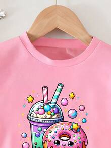 Baby Girl Cartoon Print Short Sleeve Top And Solid Color Denim Shorts