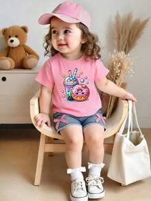 Baby Girl Cartoon Print Short Sleeve Top And Solid Color Denim Shorts