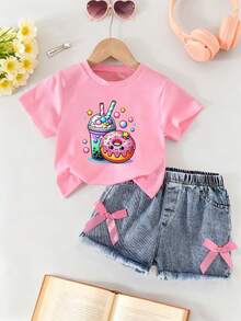 Baby Girl Cartoon Print Short Sleeve Top And Solid Color Denim Shorts