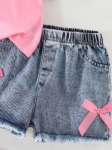 Baby Girl Cartoon Print Short Sleeve Top And Solid Color Denim Shorts