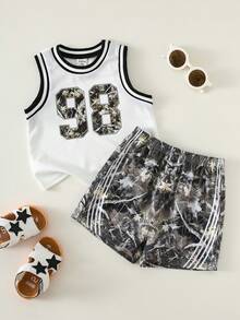 SHEIN 2pcs Baby Boy Summer Casual Camouflage Vest And Camouflage Shorts Sports Set Sleeveless Top Boys Toddler Basketball Outfit
