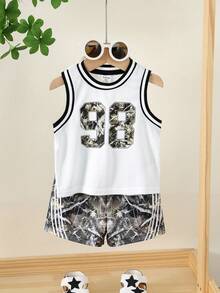 SHEIN 2pcs Baby Boy Summer Casual Camouflage Vest And Camouflage Shorts Sports Set Sleeveless Top Boys Toddler Basketball Outfit
