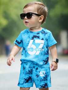 2pcs Baby Boys Summer Casual Short Sleeve Outfit Set, Fashionable Cartoon Number 67 & Letter Print Round Neck Tie-Dye T-Shirt And Matching Number 67 & Letter Print Shorts, Summer Leisure Clothes