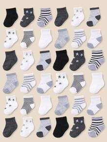 24/12/5 Pairs Grey Series Baby Socks, Striped, Pentagram, Cartoon, Dinosaur Patterns. Simple Casual Style, Matching All Outfits, Suitable For All Seasons. Baby Socks, Newborn Essentials, Infant Socks, Toddler Socks.