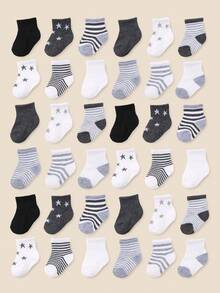 24/12/5 Pairs Grey Series Baby Socks, Striped, Pentagram, Cartoon, Dinosaur Patterns. Simple Casual Style, Matching All Outfits, Suitable For All Seasons. Baby Socks, Newborn Essentials, Infant Socks, Toddler Socks.