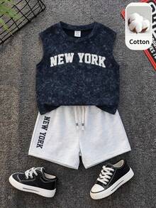 SHEIN 2pcs Baby Boy Summer Casual Korean Style Wide Shoulder Vest Top And Shorts Set, Summer Outfit For Toddler Boys