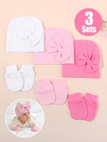 0-3M Newborn Baby Girl Soft Bow Hat & No Scratch Mitten Set, Skin-Friendly Infant Beanie, Baby Shower Coming Home Gift