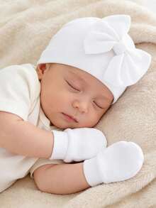 0-3M Newborn Baby Girl Soft Bow Hat & No Scratch Mitten Set, Skin-Friendly Infant Beanie, Baby Shower Coming Home Gift