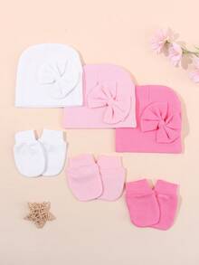 0-3M Newborn Baby Girl Soft Bow Hat & No Scratch Mitten Set, Skin-Friendly Infant Beanie, Baby Shower Coming Home Gift