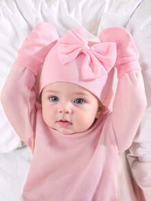 0-3M Newborn Baby Girl Soft Bow Hat & No Scratch Mitten Set, Skin-Friendly Infant Beanie, Baby Shower Coming Home Gift