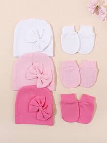 0-3M Newborn Baby Girl Soft Bow Hat & No Scratch Mitten Set, Skin-Friendly Infant Beanie, Baby Shower Coming Home Gift