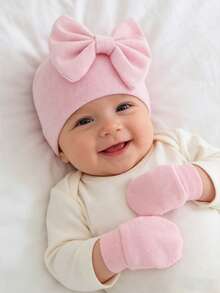 0-3M Newborn Baby Girl Soft Bow Hat & No Scratch Mitten Set, Skin-Friendly Infant Beanie, Baby Shower Coming Home Gift