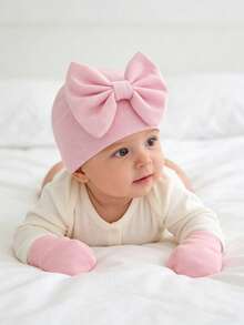 0-3M Newborn Baby Girl Soft Bow Hat & No Scratch Mitten Set, Skin-Friendly Infant Beanie, Baby Shower Coming Home Gift