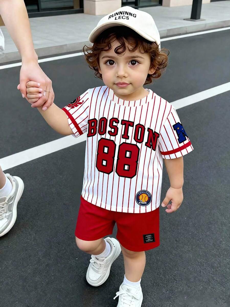 2pcs/Set Kids Summer Red And White Stripe American Sports Style Digit Print Short Sleeve Shirt & Shorts Outfit,Casual City Break Children Clothing
