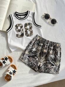 SHEIN 2pcs Baby Boy Summer Casual Camouflage Vest And Camouflage Shorts Sports Set Sleeveless Top Boys Toddler Basketball Outfit