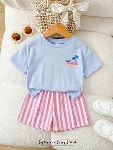 Cozy Pixies Baby Girl Vacation Style Coconut Tree Print Soft Round Neck Short Sleeve Top And Elastic Waist Shorts 2-Piece Set