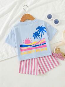 Cozy Pixies Baby Girl Vacation Style Coconut Tree Print Soft Round Neck Short Sleeve Top And Elastic Waist Shorts 2-Piece Set