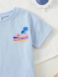 Cozy Pixies Baby Girl Vacation Style Coconut Tree Print Soft Round Neck Short Sleeve Top And Elastic Waist Shorts 2-Piece Set
