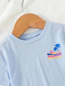 Cozy Pixies Baby Girl Vacation Style Coconut Tree Print Soft Round Neck Short Sleeve Top And Elastic Waist Shorts 2-Piece Set