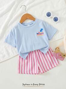 Cozy Pixies Baby Girl Vacation Style Coconut Tree Print Soft Round Neck Short Sleeve Top And Elastic Waist Shorts 2-Piece Set