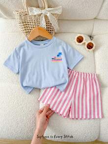 Cozy Pixies Baby Girl Vacation Style Coconut Tree Print Soft Round Neck Short Sleeve Top And Elastic Waist Shorts 2-Piece Set
