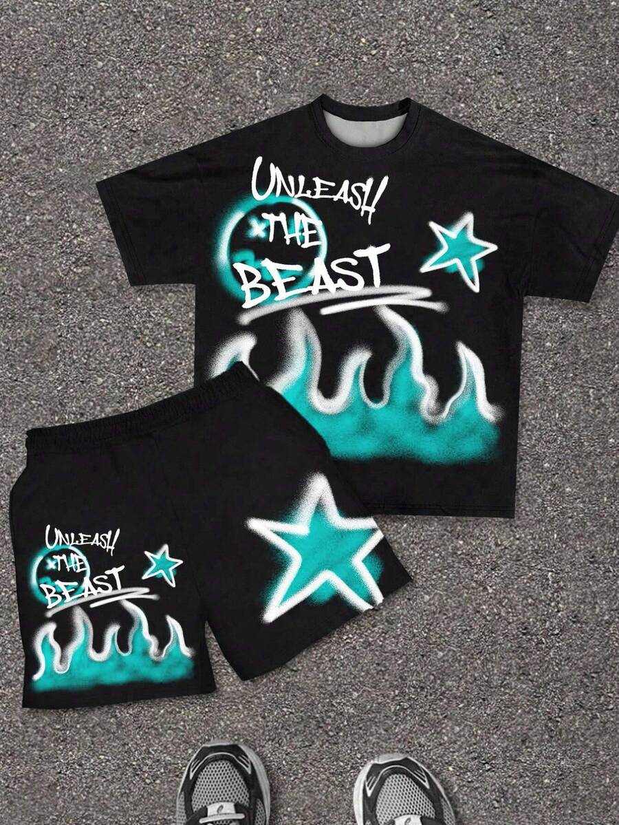 SHEIN Baby Boy Letter Print Round Neck Short Sleeve T-Shirt And Shorts Casual Minimalist Set, Suitable For Summer Daily Wear