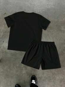 SHEIN Baby Boy Letter Print Round Neck Short Sleeve T-Shirt And Shorts Casual Minimalist Set, Suitable For Summer Daily Wear